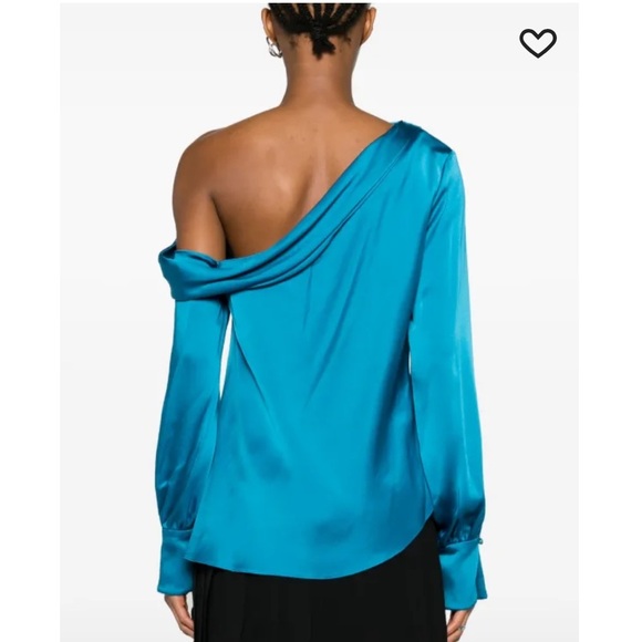 Simkhai Alice Off Shoulder Blouse Draped Satin Long Sleeve Phthalo Blue XS NWT - Picture 3 of 15